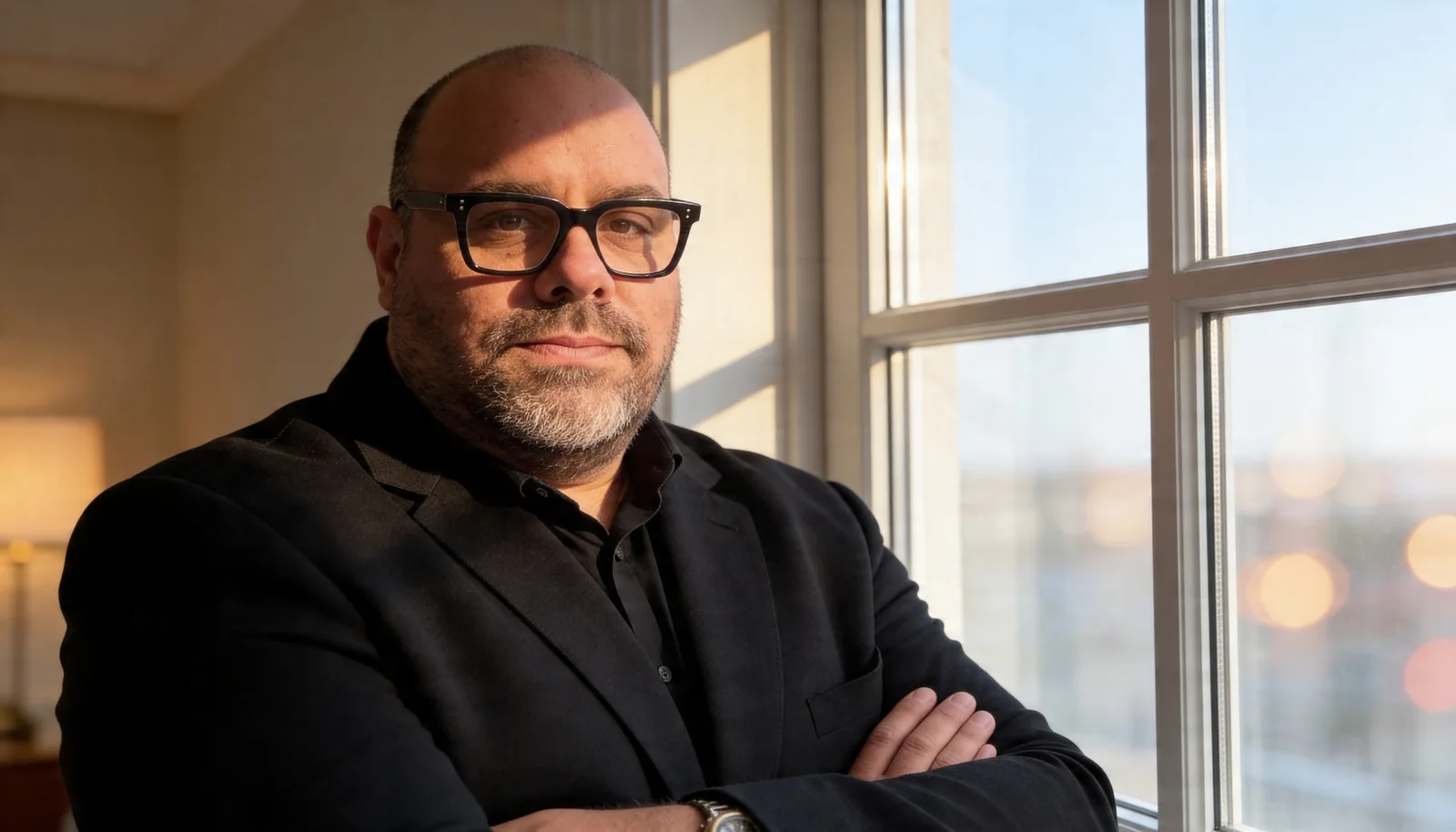 Juan José Sotus en un lounge elegante con iluminación dorada ambiental.