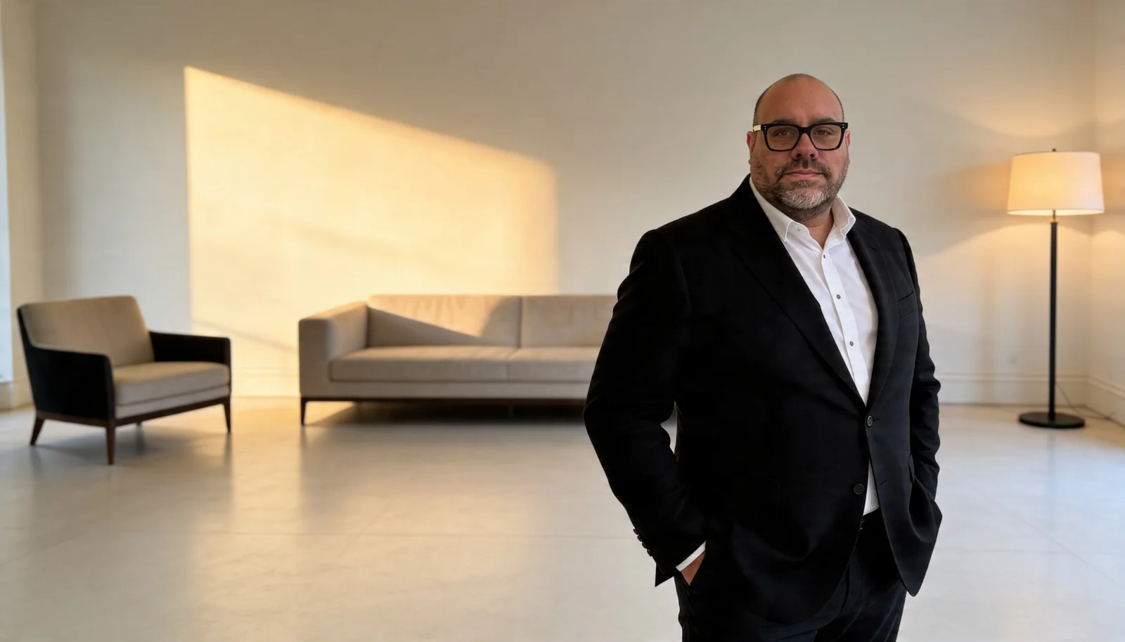 Juan José Sotus de pie en una sala con luz suave de tarde.